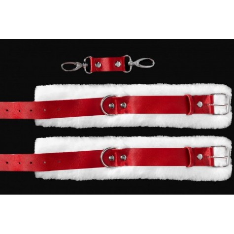 Бело-красные наручники из натуральной кожи с нежным мехом